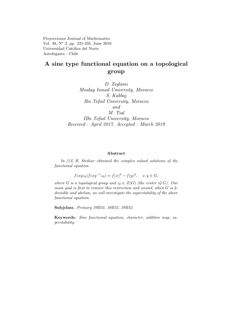 A Sine Type Functional Equation on a Topological Group