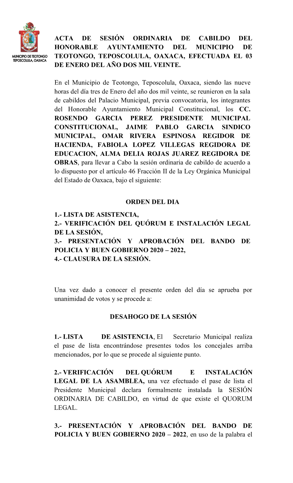 Acta De Sesión Ordinaria De Cabildo Del Honorable Ayuntamiento Del Municipio De Teotongo, Teposcolula, Oaxaca, Efectuada El 03