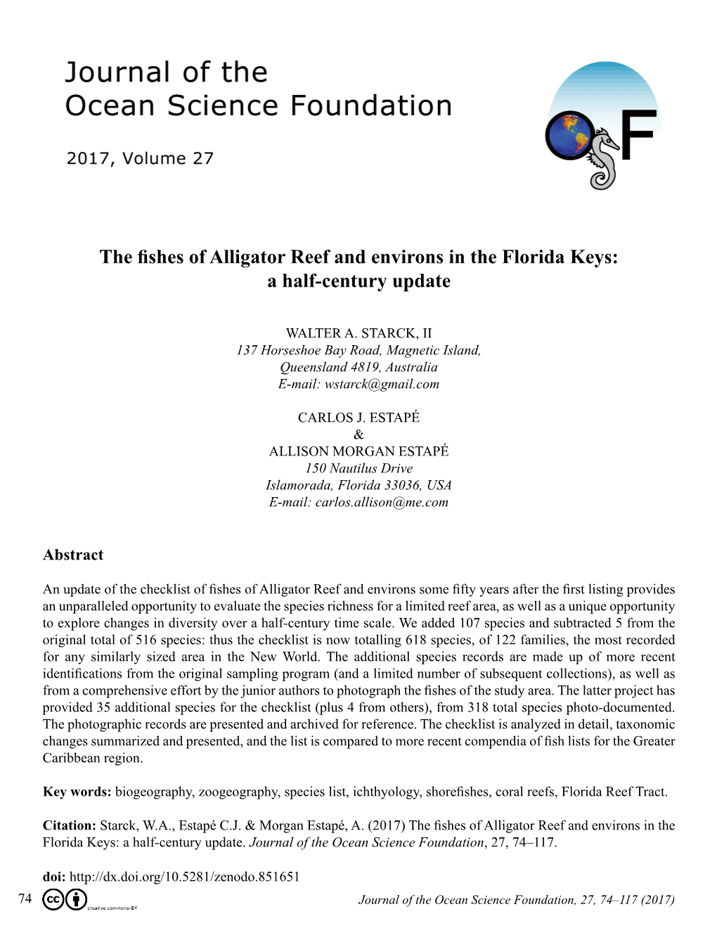 The Fishes of Alligator Reef and Environs in the Florida Keys: a Half-Century Update