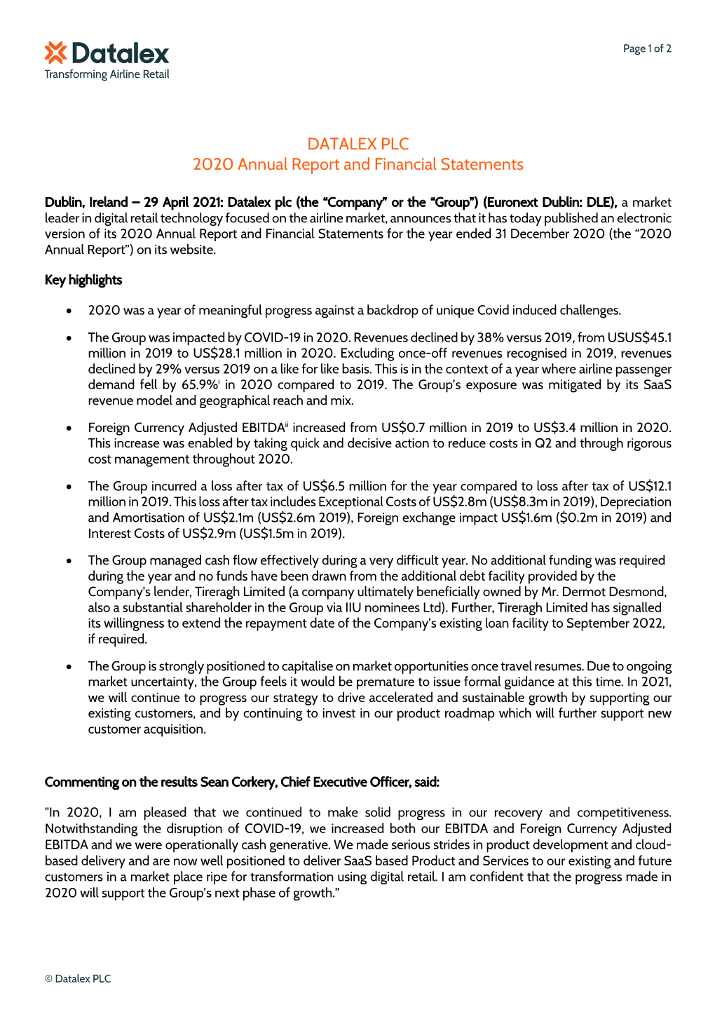 DATALEX PLC 2020 Annual Report and Financial Statements