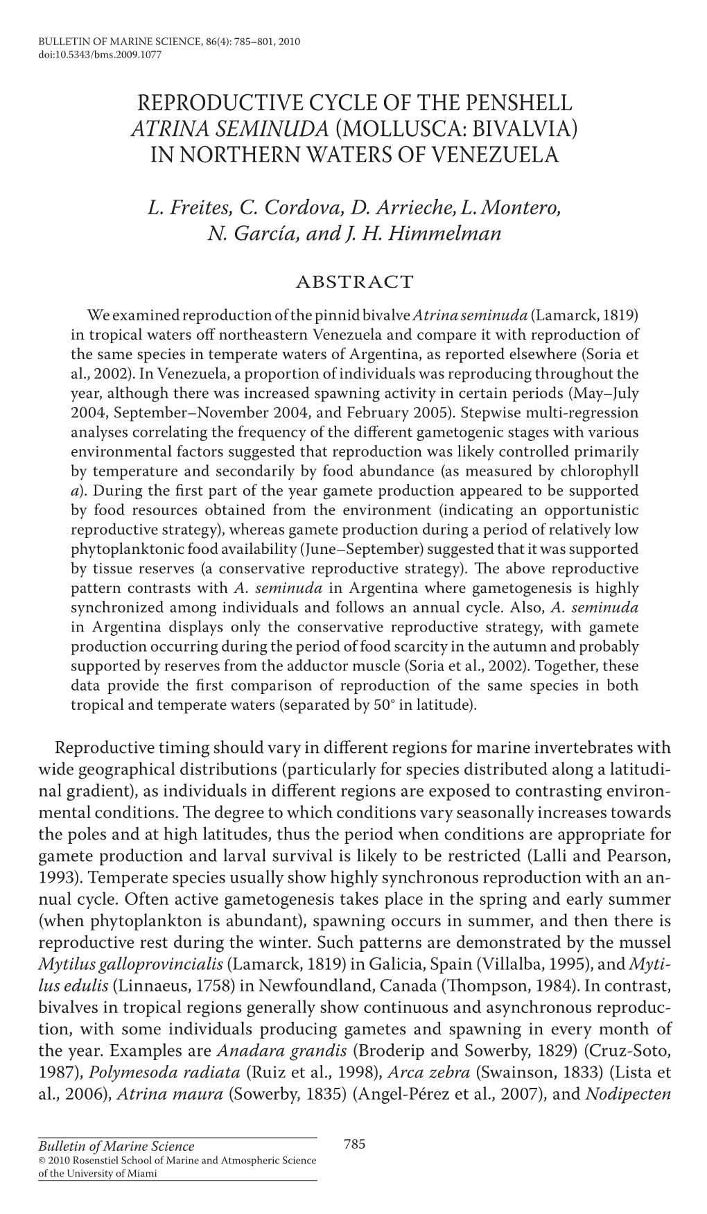 Reproductive Cycle of the Penshell &lt;I&gt;Atrina Seminuda&lt;/I&gt; (Mollusca: Bivalvia) in Northern Waters of Venezuela