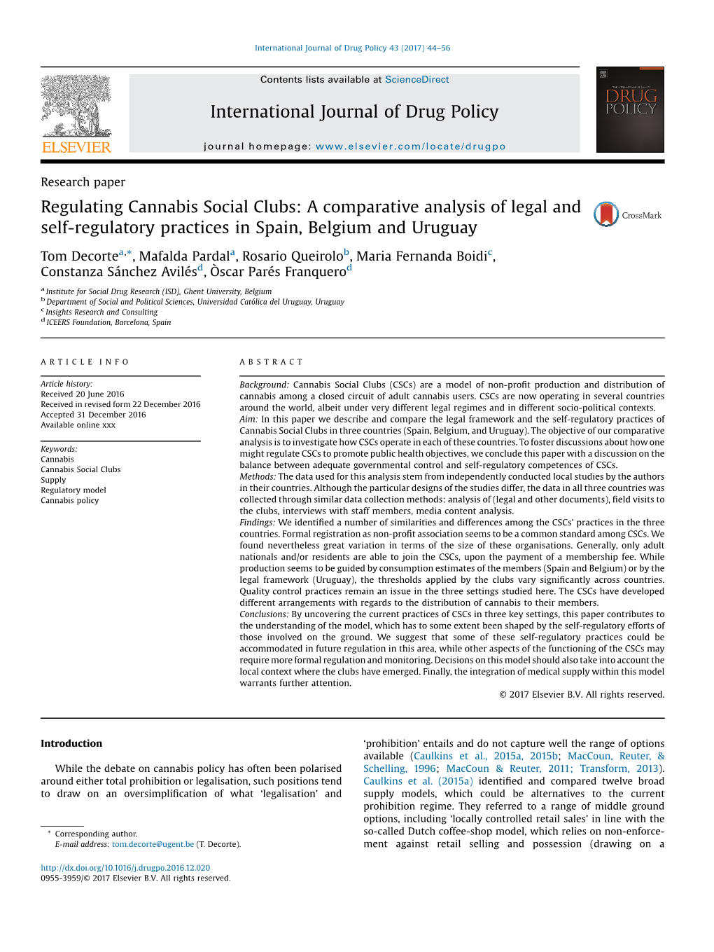 Regulating Cannabis Social Clubs: a Comparative Analysis of Legal And