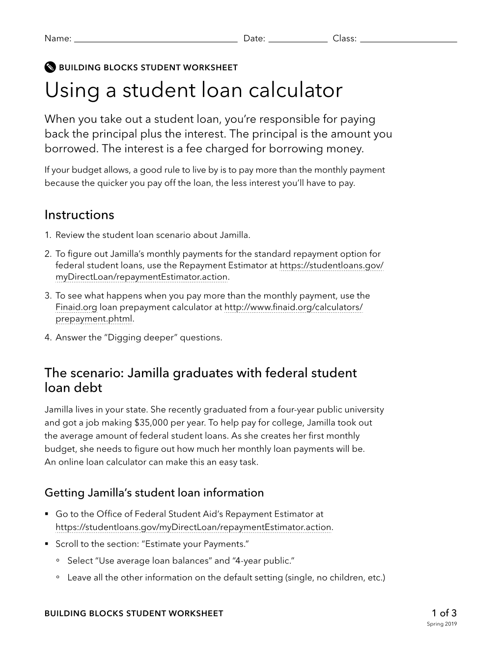 Using a Student Loan Calculator (Worksheet)