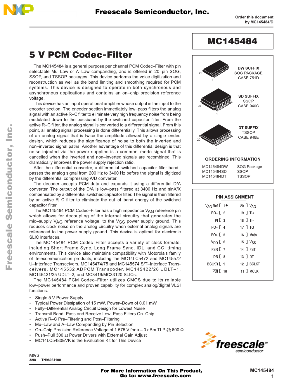 5 V PCM Codec-Filter MC145484