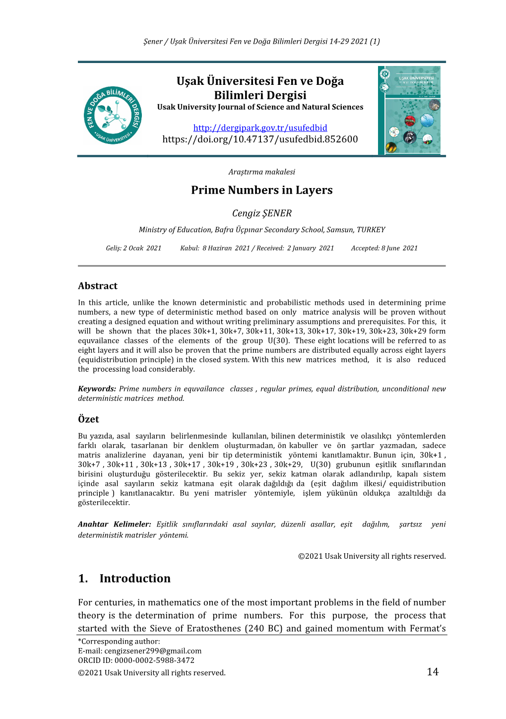 Uşak Üniversitesi Fen Ve Doğa Bilimleri Dergisi Prime Numbers In