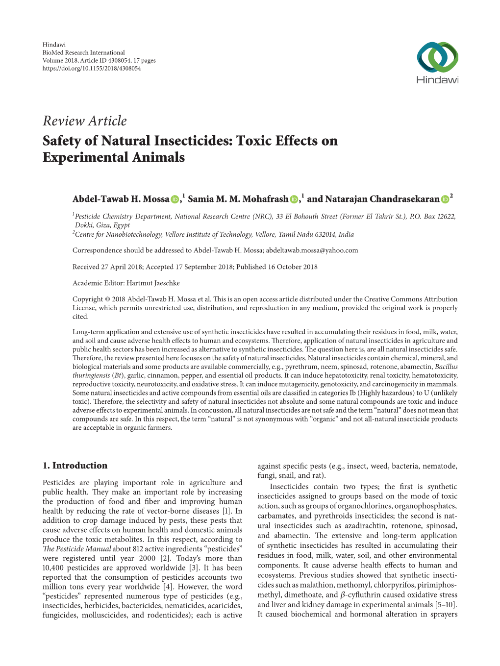 Safety of Natural Insecticides: Toxic Effects on Experimental Animals