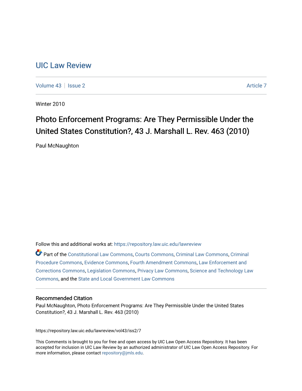 Photo Enforcement Programs: Are They Permissible Under the United States Constitution?, 43 J