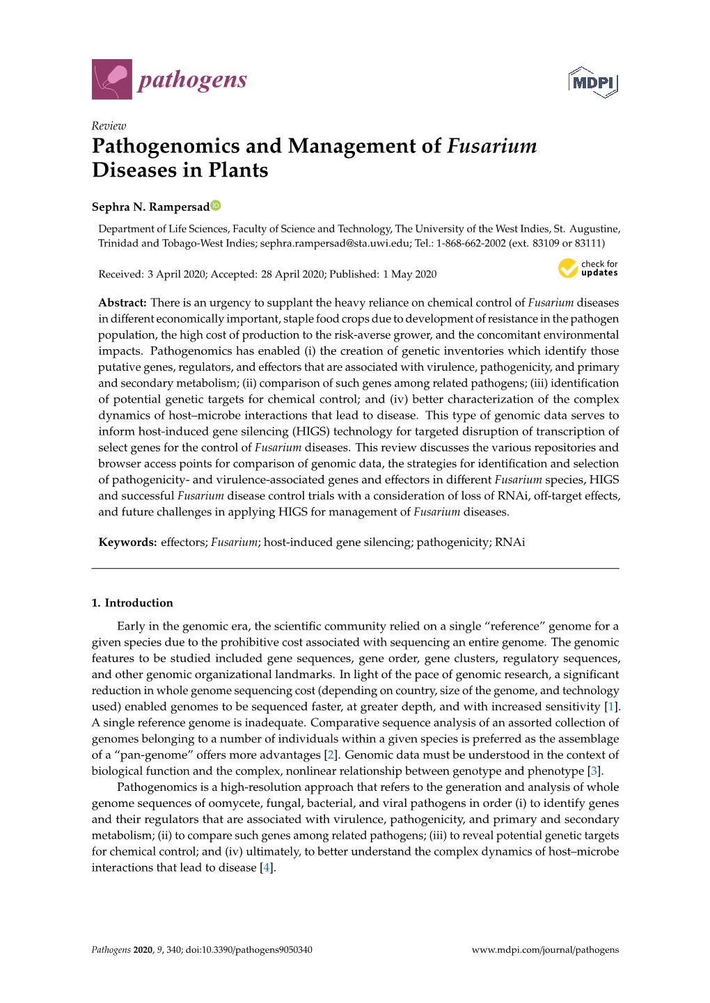 Pathogenomics and Management of Fusarium Diseases in Plants