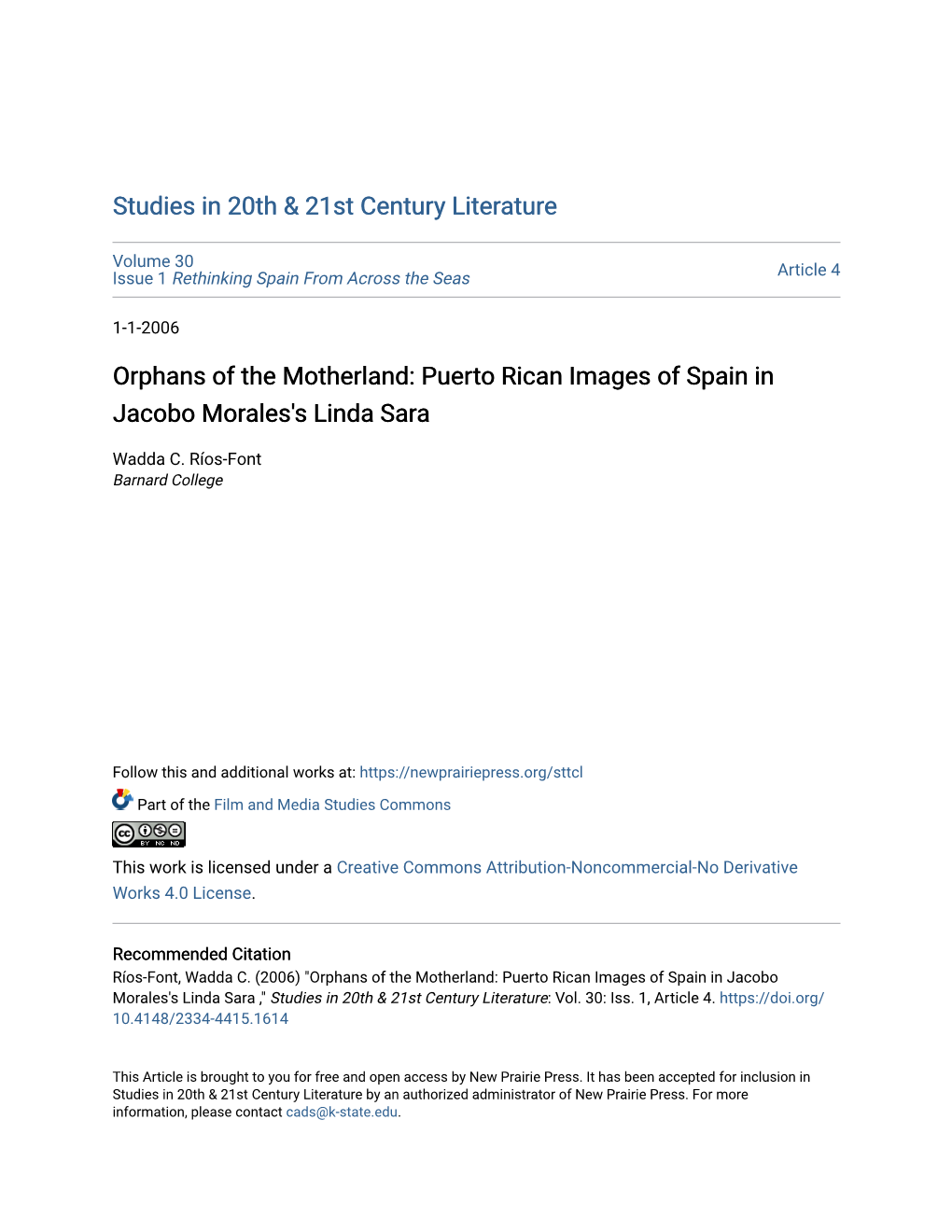 Orphans of the Motherland: Puerto Rican Images of Spain in Jacobo Morales's Linda Sara