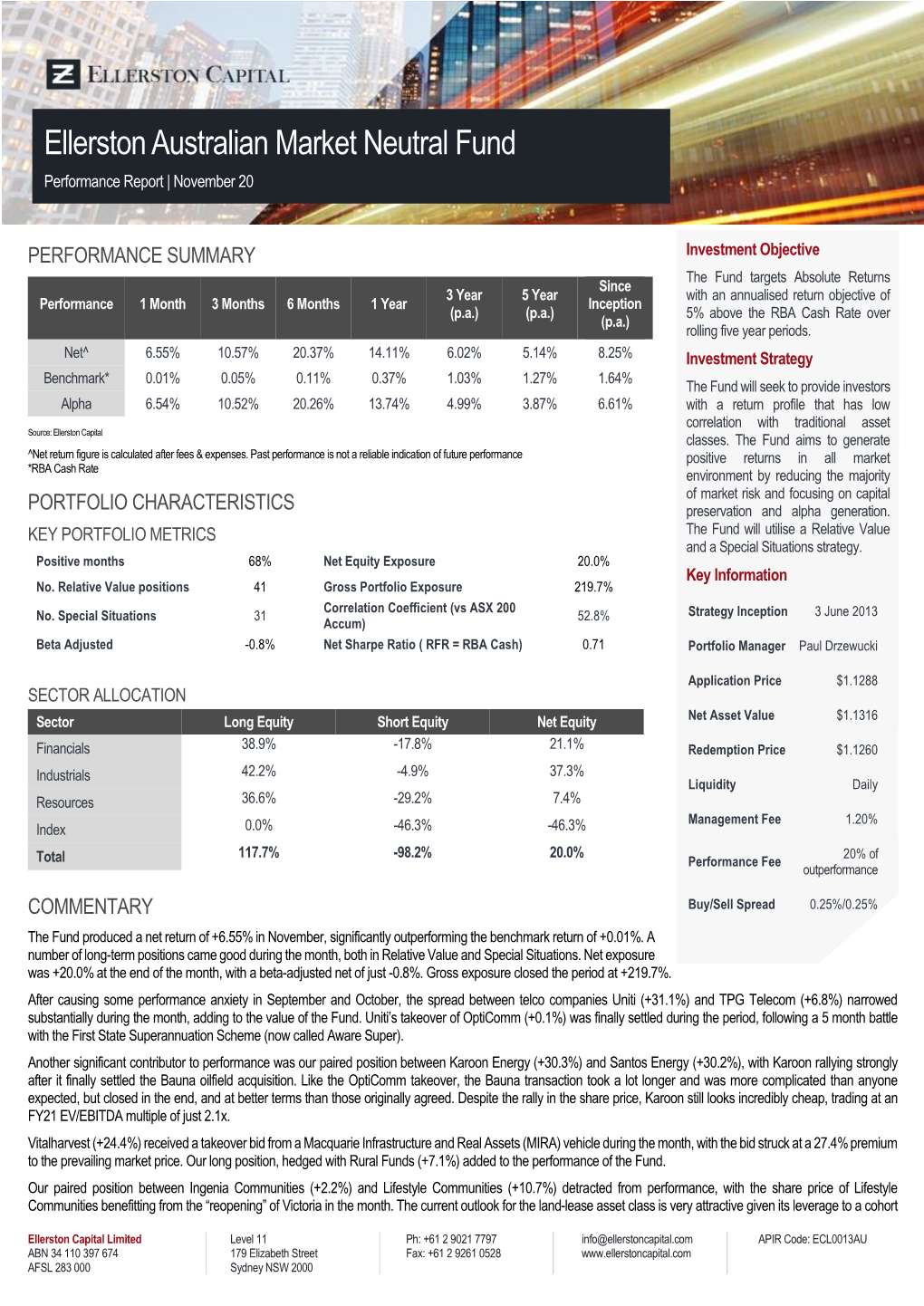 Ellerston Australian Market Neutral Fund Performance Report | November 20