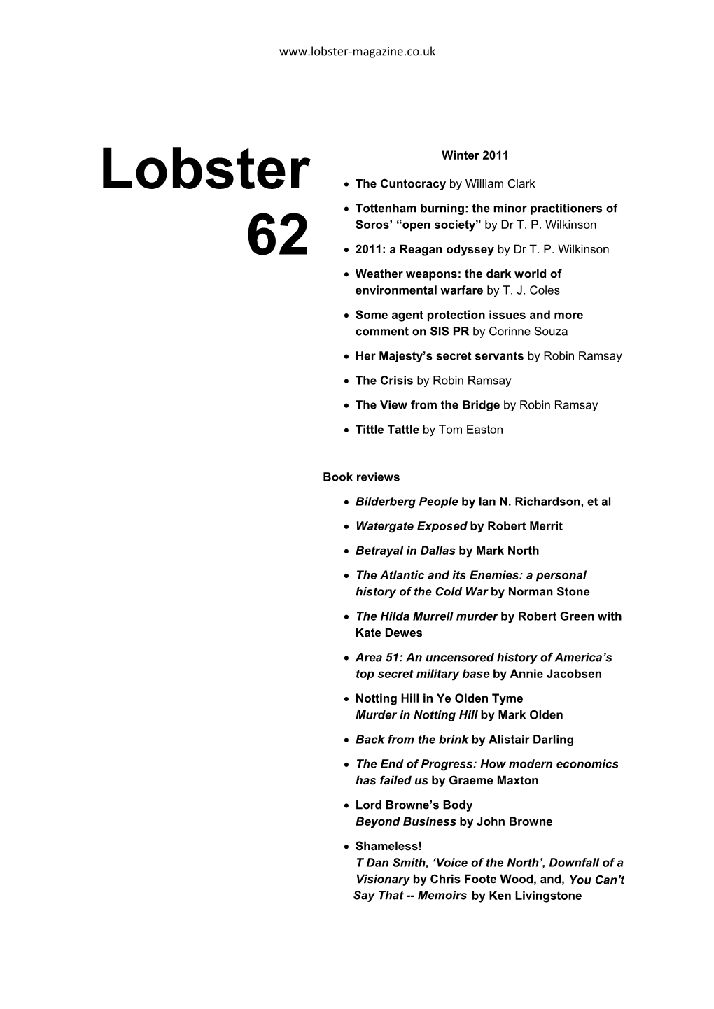 Lobster #62 (Winter 2011)