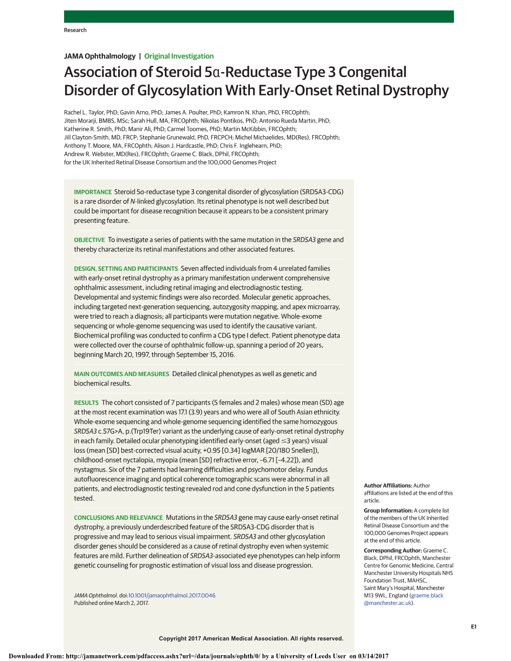 Association of Steroid 5Α-Reductase Type 3 Congenital Disorder of Glycosylation with Early-Onset Retinal Dystrophy