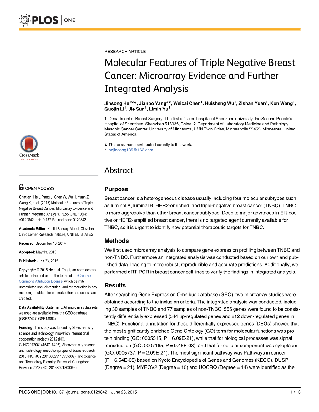 Molecular Features of Triple Negative Breast Cancer: Microarray Evidence and Further Integrated Analysis