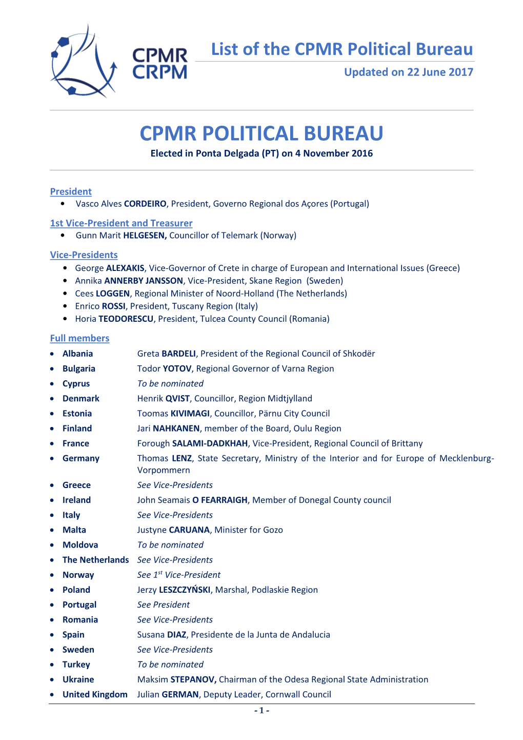 List of the CPMR Political Bureau Updated on 22 June 2017