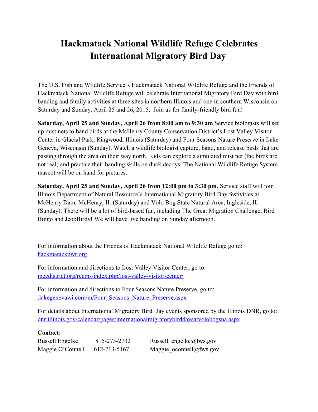 Hackmatack National Wildlife Refuge Celebrates International Migratory Bird Day