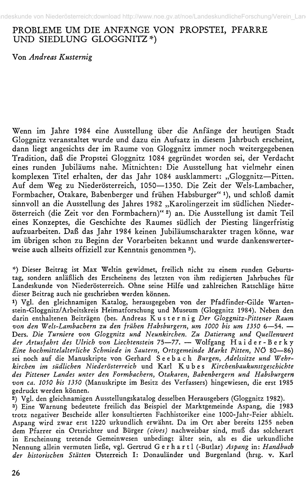 Probleme Um Die Anfänge Von Propstei, Pfarre Und Siedlung Gloggnitz *)