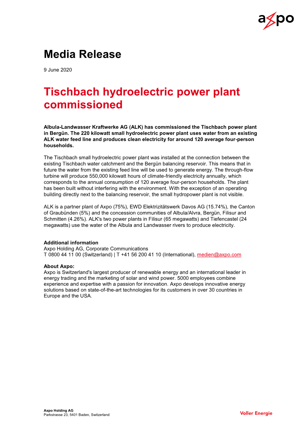 Media Release Tischbach Hydroelectric Power Plant