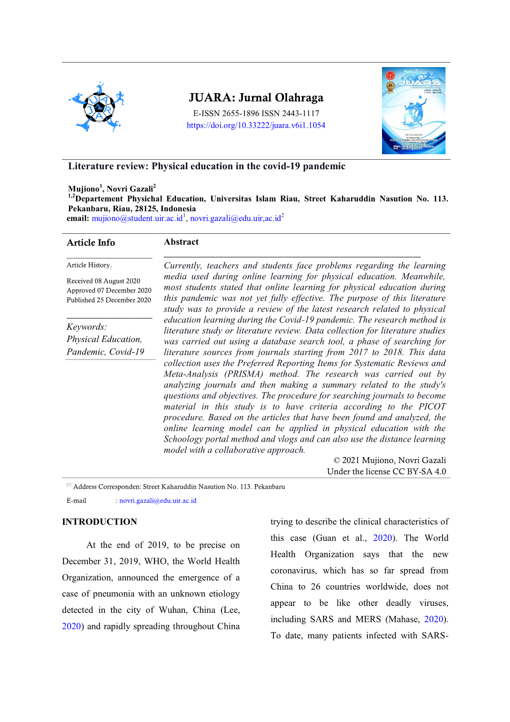 JUARA: Jurnal Olahraga E-ISSN 2655-1896 ISSN 2443-1117