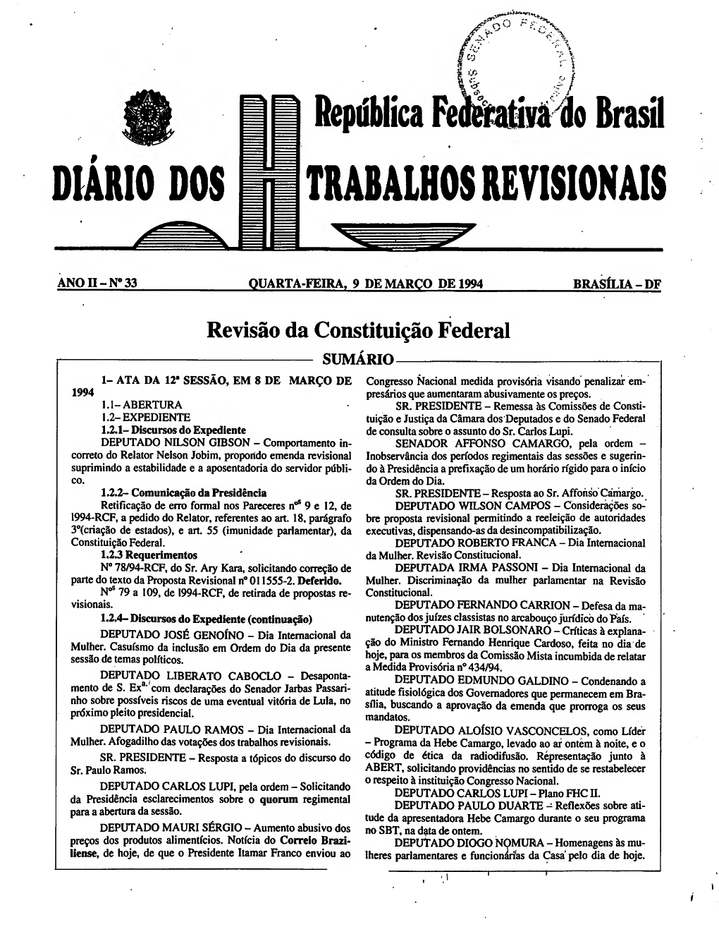 DIARIO DOS Ftepiiblica Federatna Do Brasil TRABAIHOS REVISIONAIS