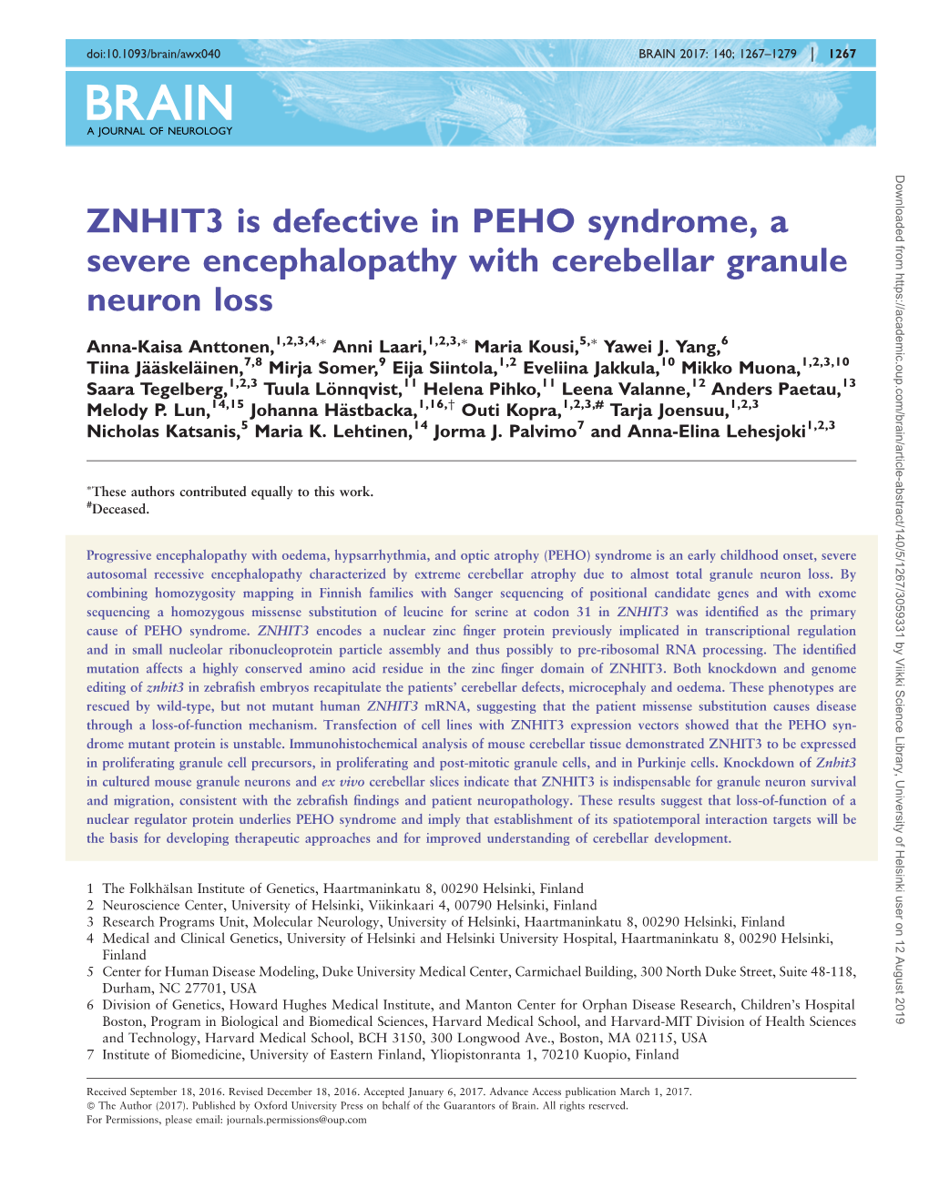 ZNHIT3 Is Defective in PEHO Syndrome, a Severe Encephalopathy with Cerebellar Granule Neuron Loss