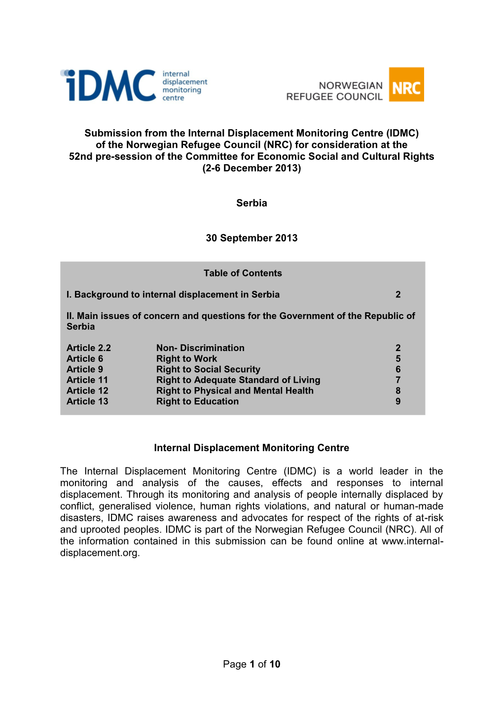 IDMC) of the Norwegian Refugee Council (NRC) for Consideration at the 52Nd Pre-Session of the Committee for Economic Social and Cultural Rights (2-6 December 2013)