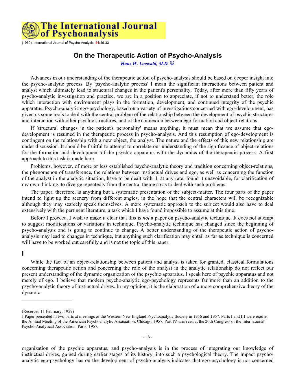 On the Therapeutic Action of Psycho-Analysis I