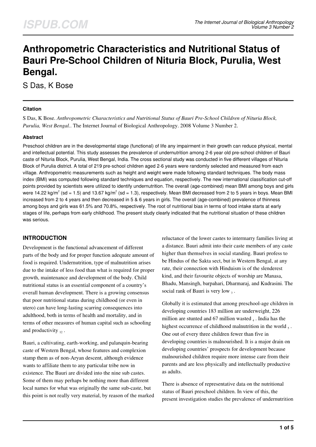 Anthropometric Characteristics and Nutritional Status of Bauri Pre-School Children of Nituria Block, Purulia, West Bengal