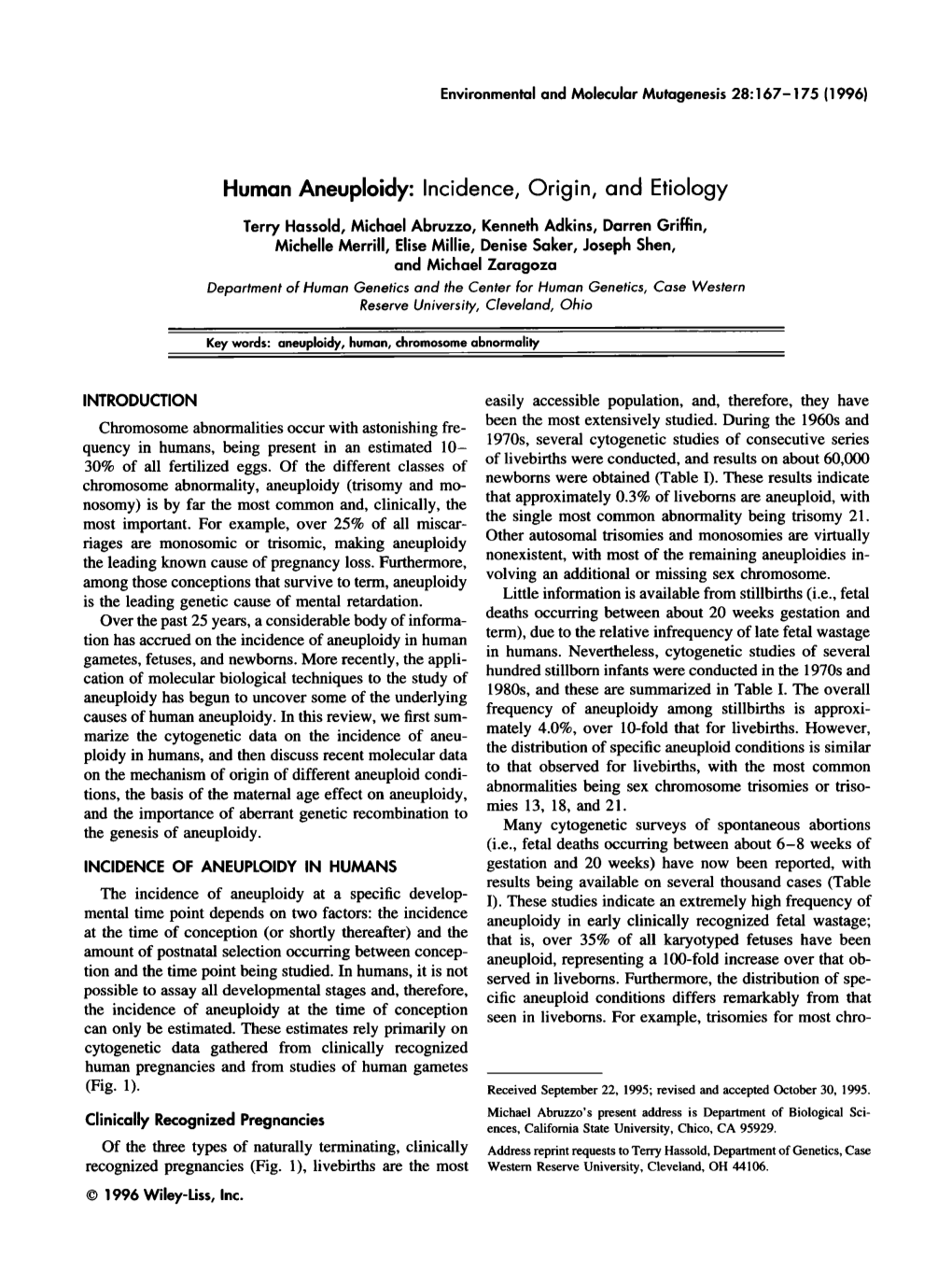Human Aneuploidy: Incidence, Origin, and Etiology