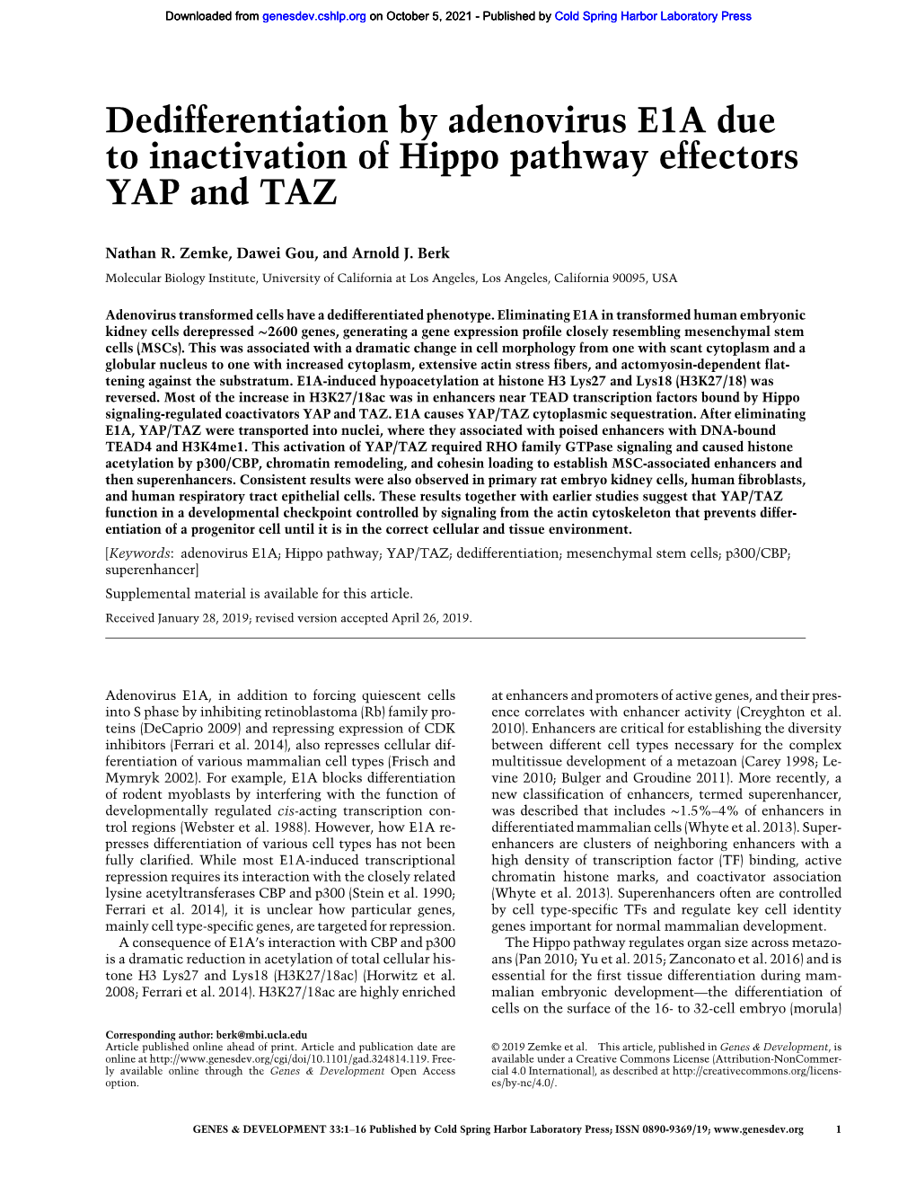 Dedifferentiation by Adenovirus E1A Due to Inactivation of Hippo Pathway Effectors YAP and TAZ