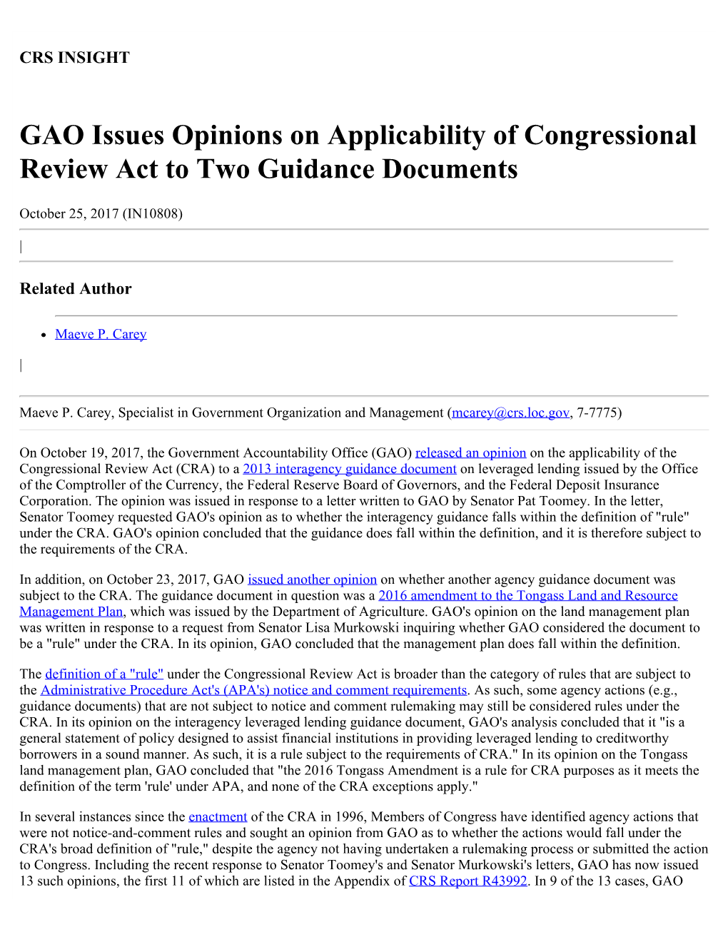 GAO Issues Opinions on Applicability of Congressional Review Act to Two Guidance Documents