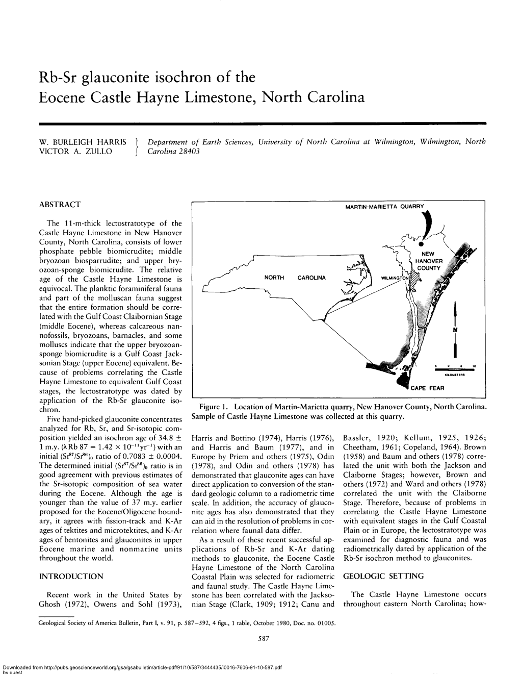 Rb-Sr Glauconite Isochron of the Eocene Castle Hayne Limestone, North Carolina