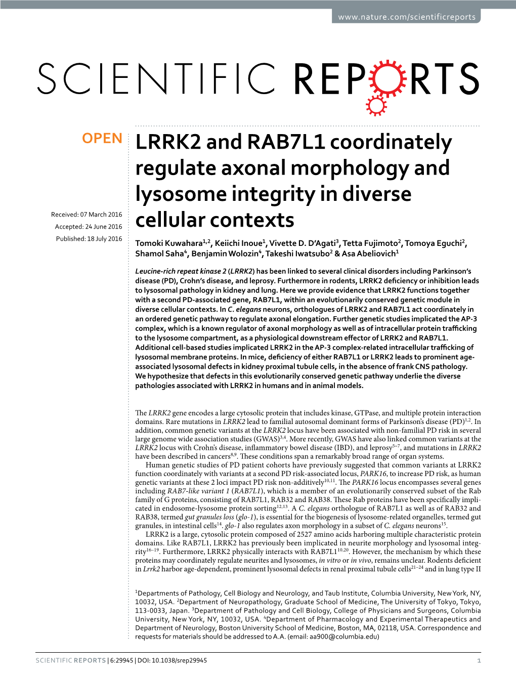 LRRK2 and RAB7L1 Coordinately Regulate Axonal Morphology and Lysosome Integrity in Diverse Cellular Contexts