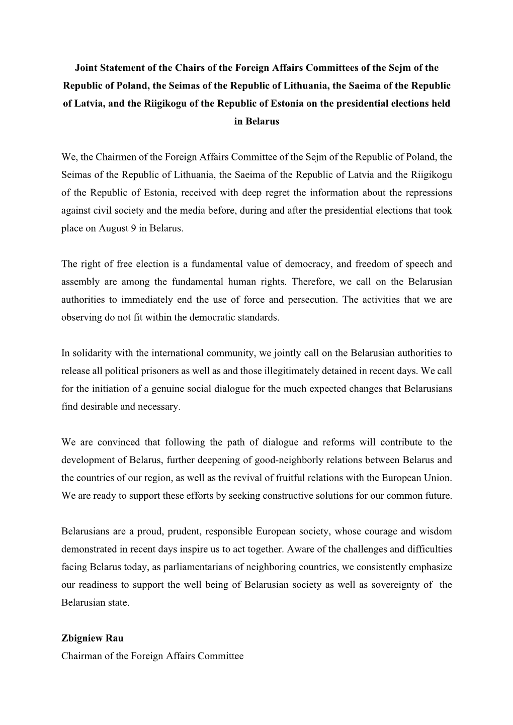 Joint Statement of the Chairs of the Foreign Affairs