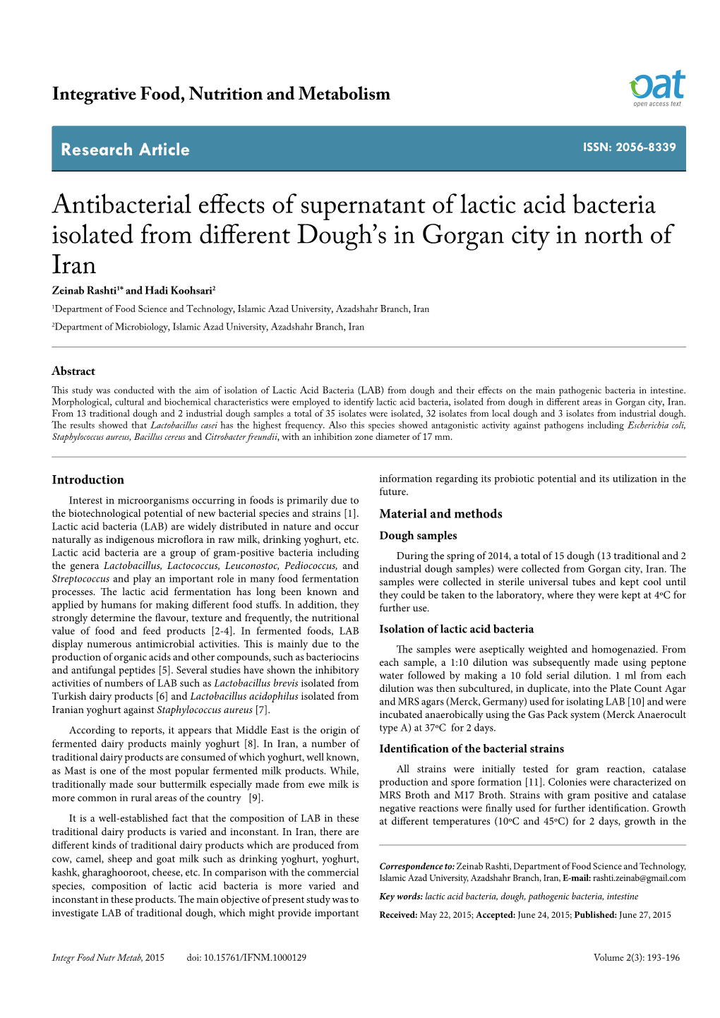 Antibacterial Effects of Supernatant of Lactic Acid Bacteria Isolated from Different Dough's in Gorgan City in North of Iran