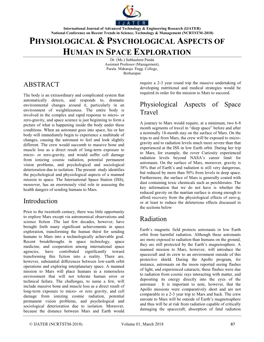 Physiological & Psychological Aspects of Human in Space Exploration