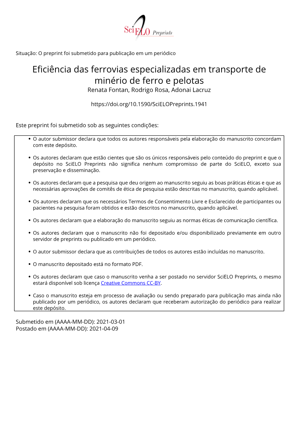 Eficiência Das Ferrovias Especializadas Em Transporte De Minério De Ferro E Pelotas Renata Fontan, Rodrigo Rosa, Adonai Lacruz