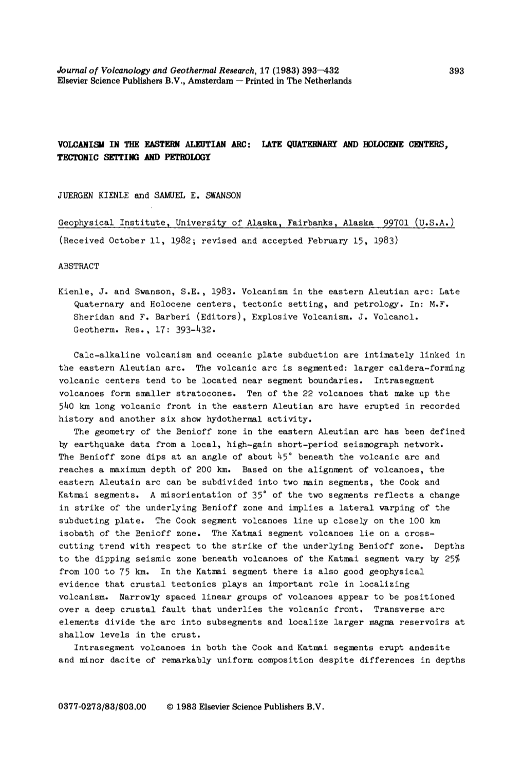 Journal of Volcanology and Geothermal Research, 17 (1983) 393--432 393 Elsevier Science Publishers B.V., Amsterdam -- Printed in the Netherlands