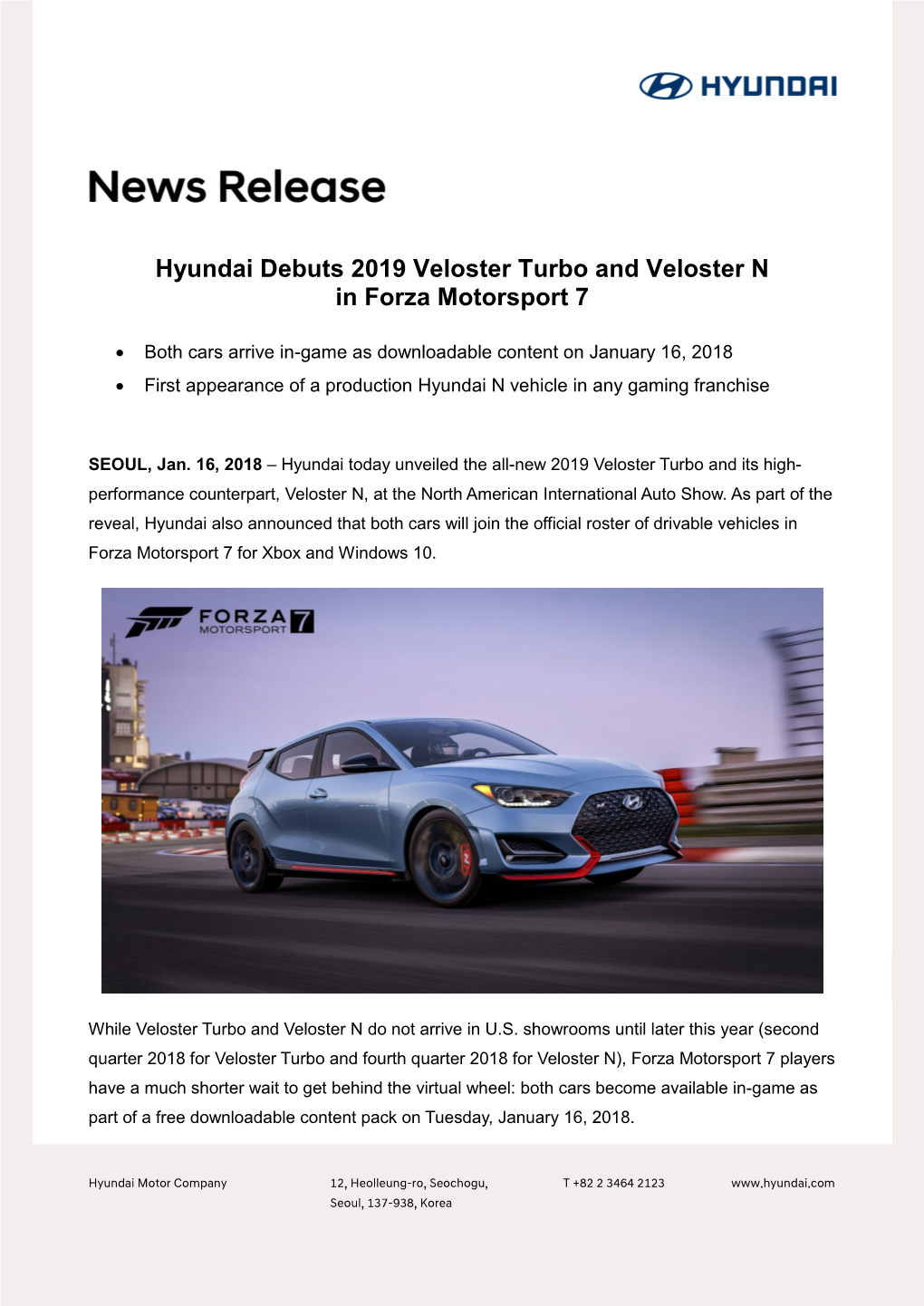 Hyundai Debuts 2019 Veloster Turbo and Veloster N in Forza Motorsport 7