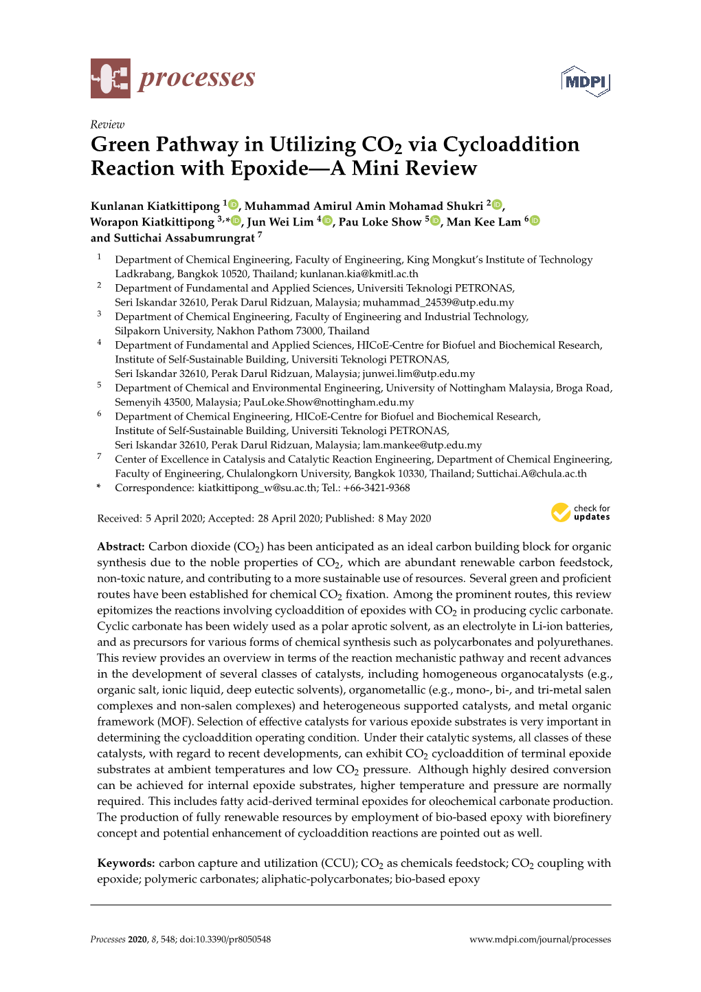 Green Pathway in Utilizing CO2 Via Cycloaddition Reaction with Epoxide—A Mini Review