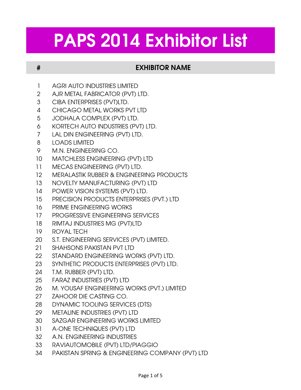 LHR Exhibitor List 2014.Xlsx