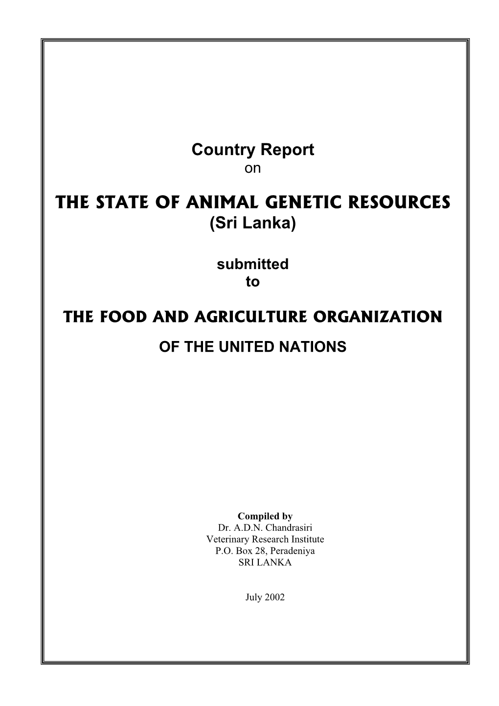 THE STATE of ANIMAL GENETIC RESOURCES (Sri Lanka)