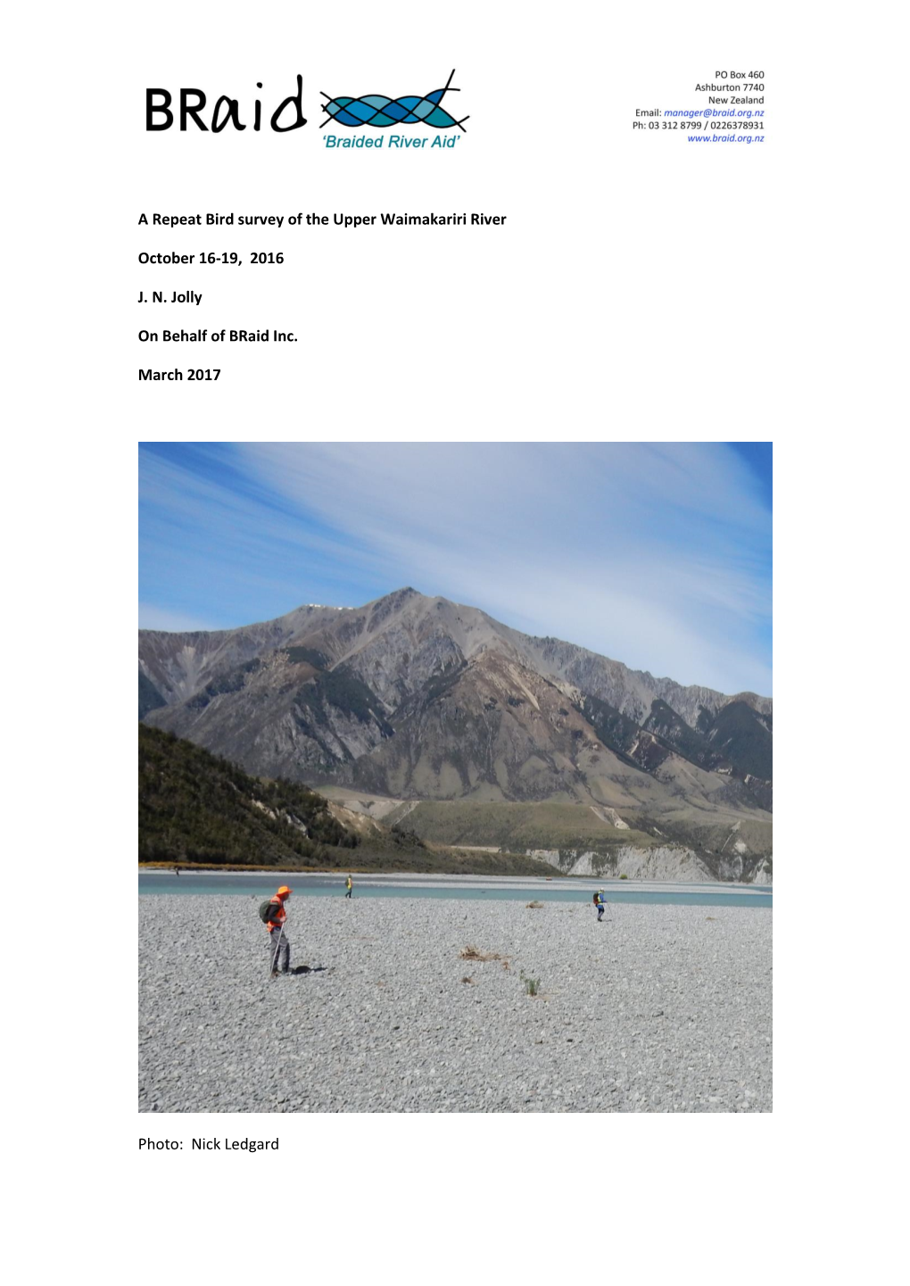 A Repeat Bird Survey of the Upper Waimakariri River