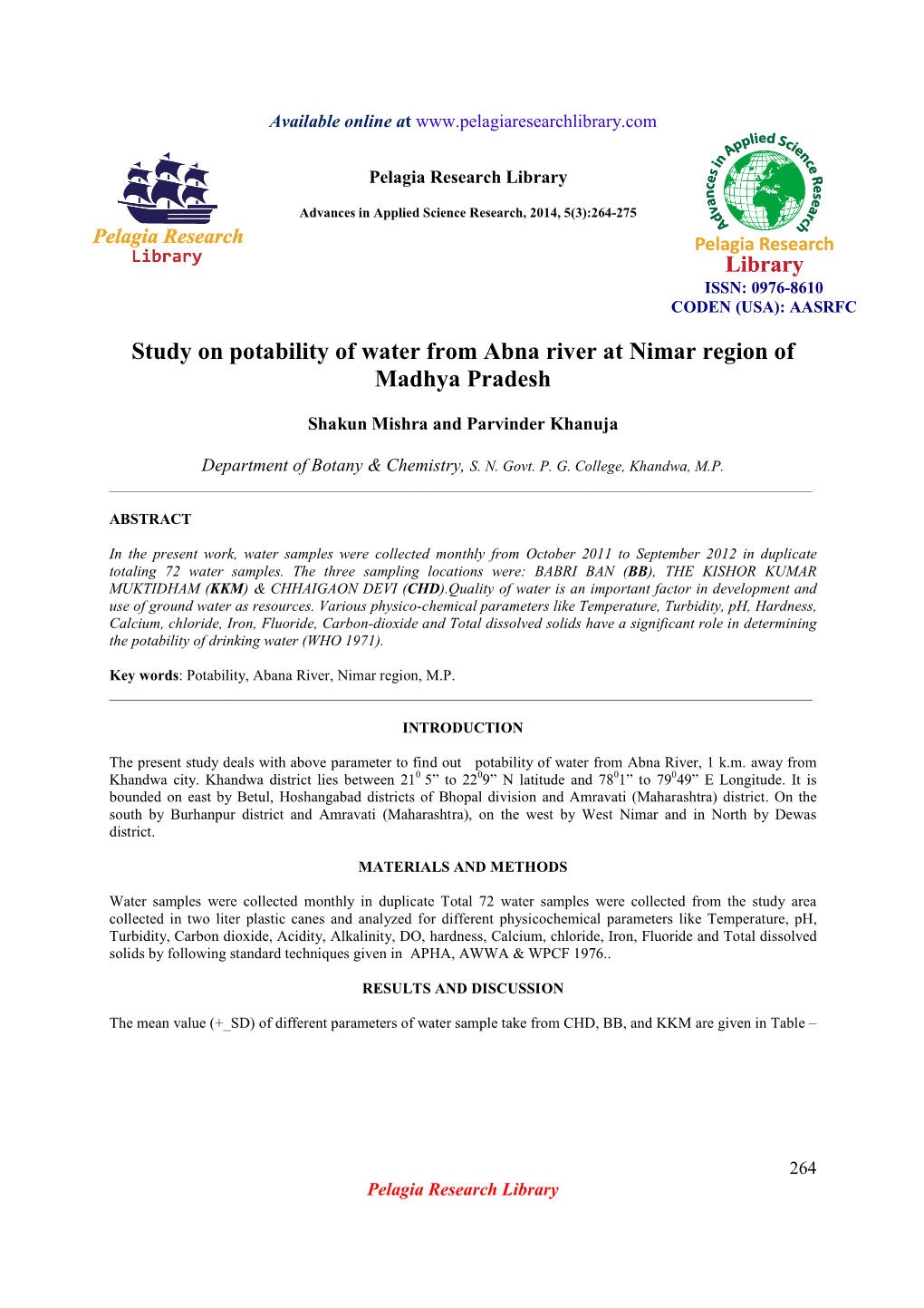 Study on Potability of Water from Abna River at Nimar Region of Madhya Pradesh