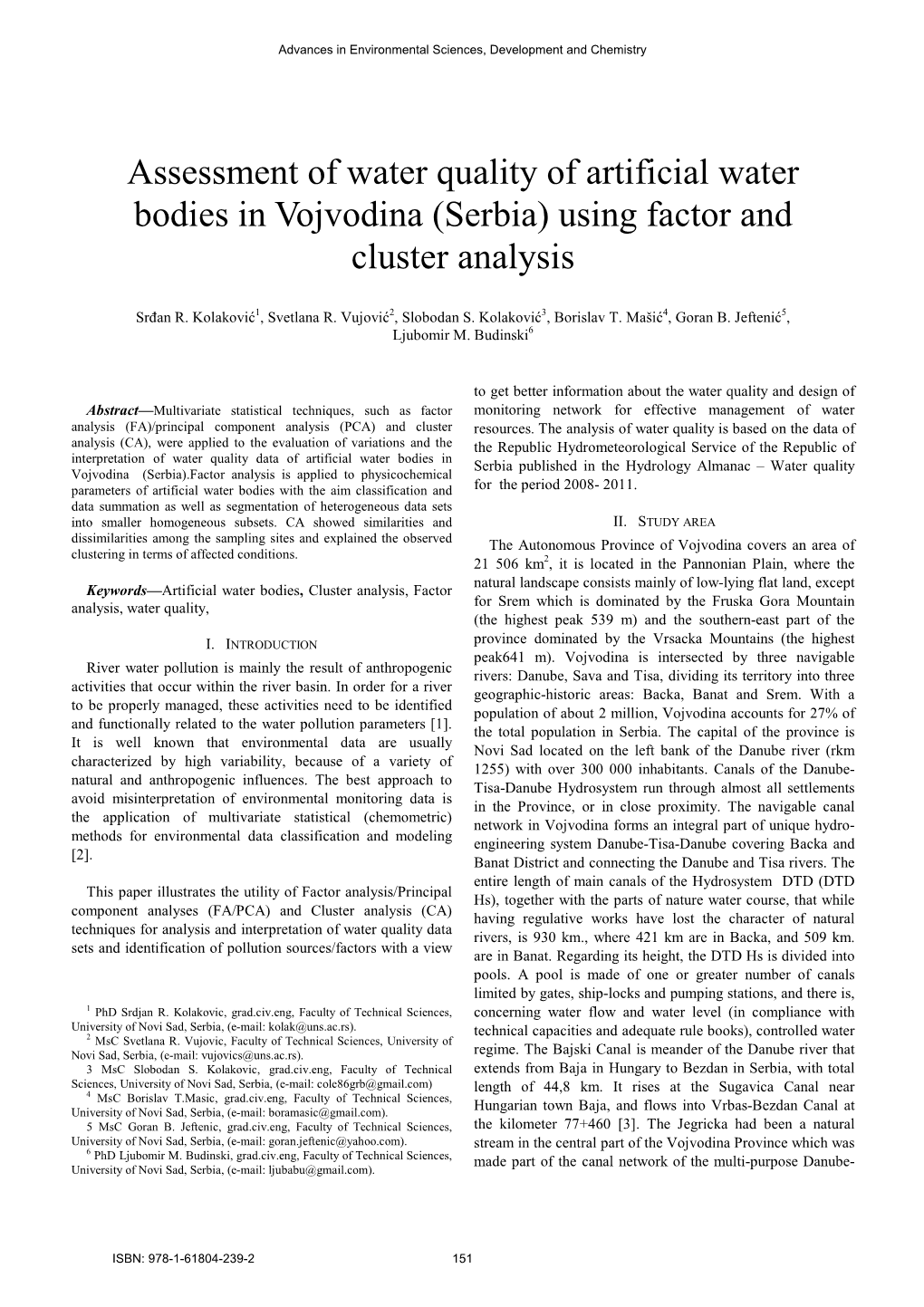 Assessment of Water Quality of Artificial Water Bodies in Vojvodina (Serbia) Using Factor and Cluster Analysis