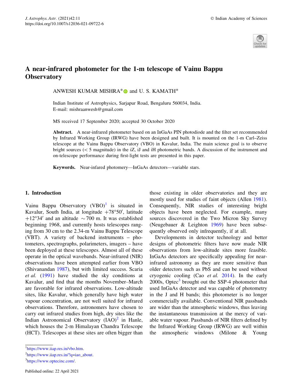 A Near-Infrared Photometer for the 1-M Telescope of Vainu Bappu Observatory