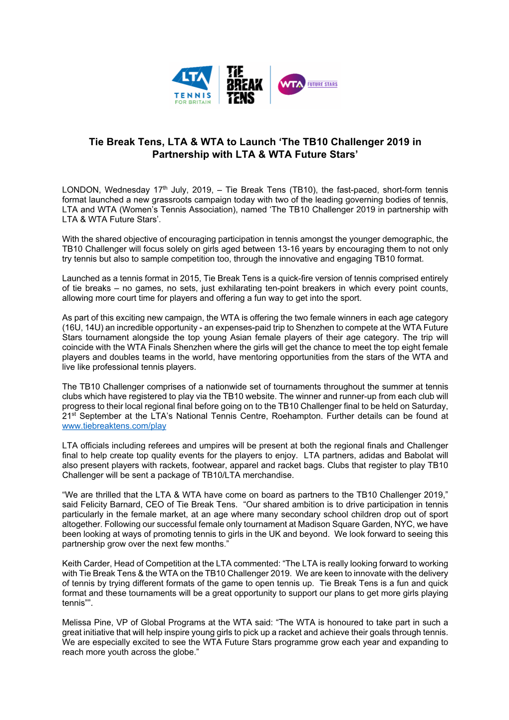 Tie Break Tens, LTA & WTA to Launch 'The TB10 Challenger 2019 In
