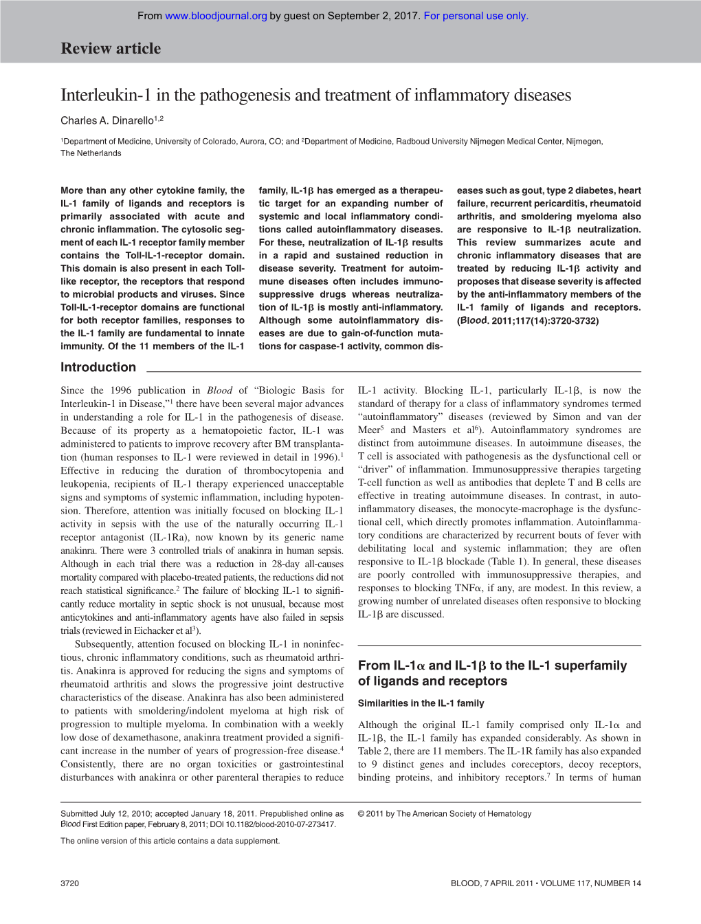 Interleukin-1 in the Pathogenesis and Treatment of Inflammatory Diseases