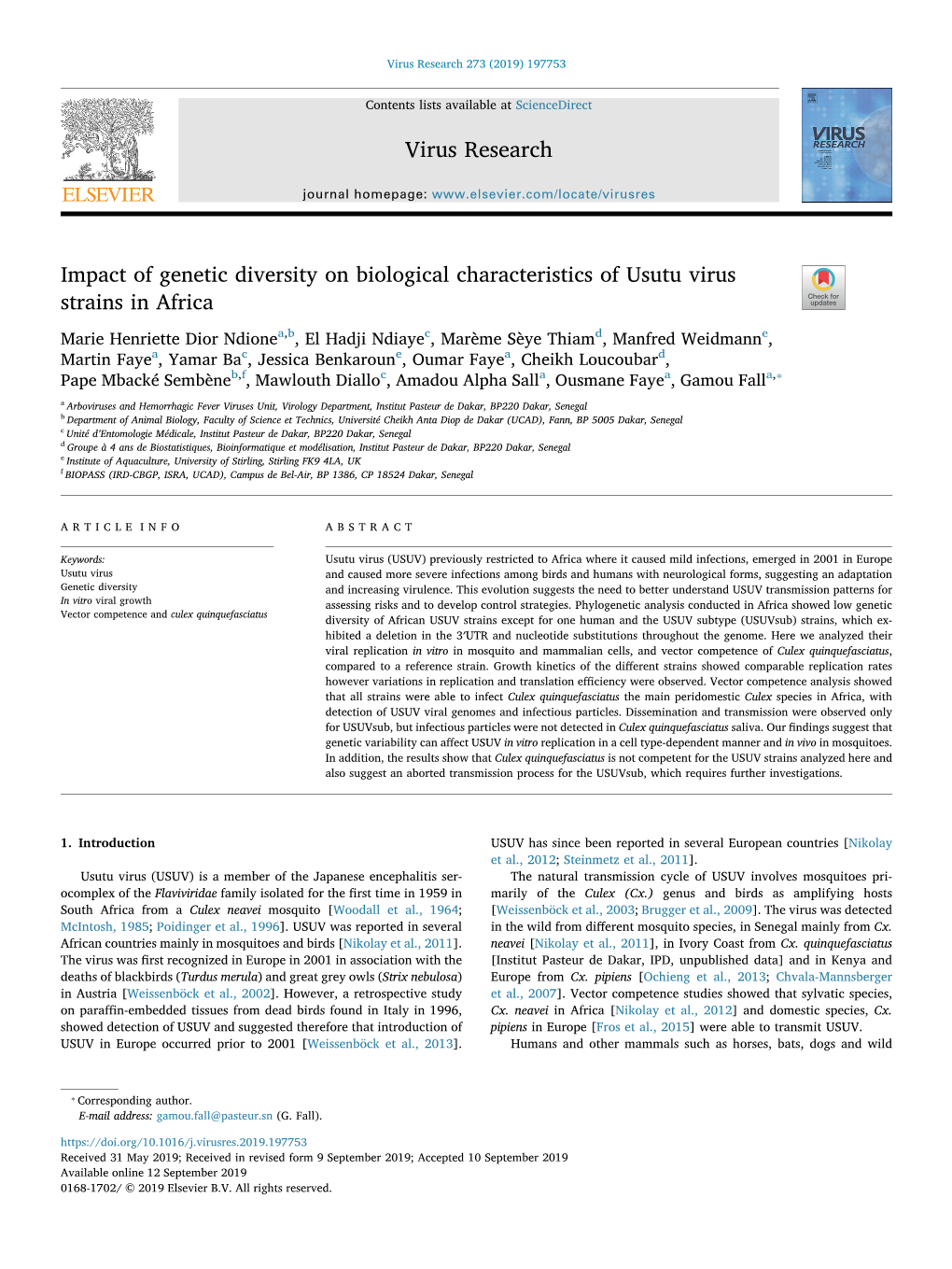 Impact of Genetic Diversity on Biological Characteristics of Usutu Virus Strains in Africa T