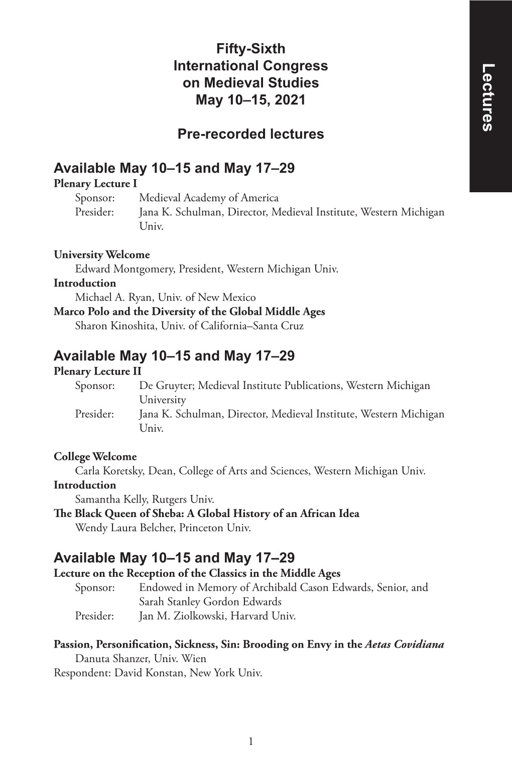 Lectures on Medieval Studies May 10–15, 2021