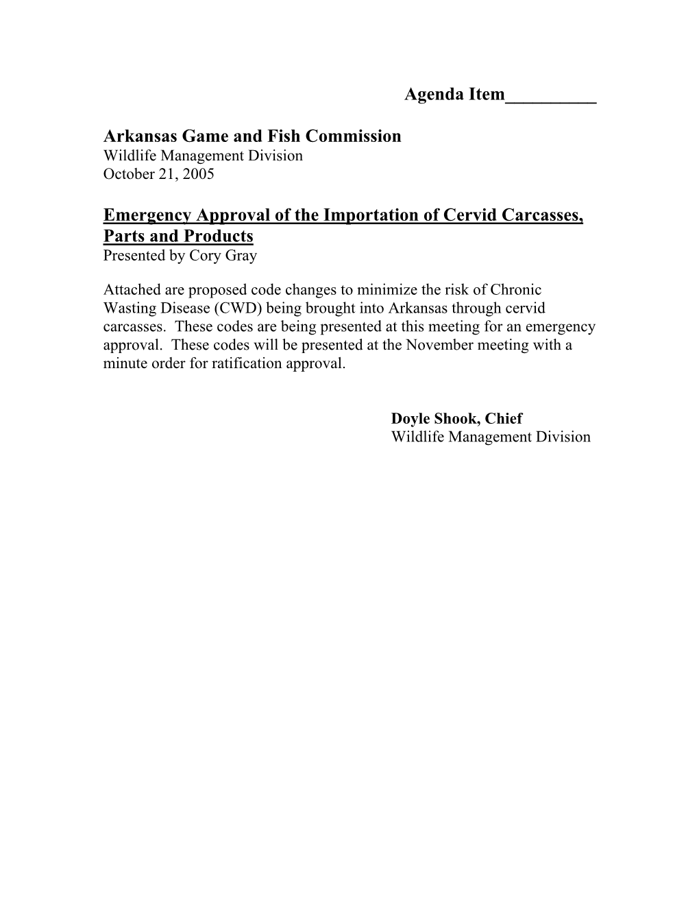 Agenda Item___Arkansas Game and Fish Commission